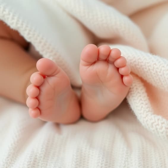 Pezinhos de bebê apoiados sobre uma manta clara.