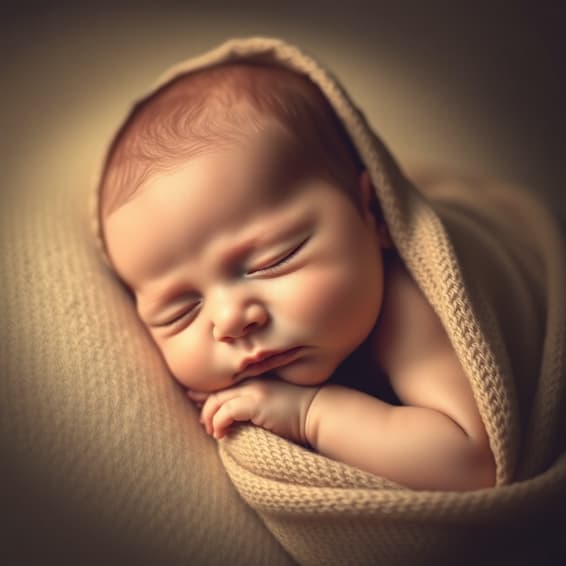 Bebê dormindo em pose delicada sobre tecido claro.