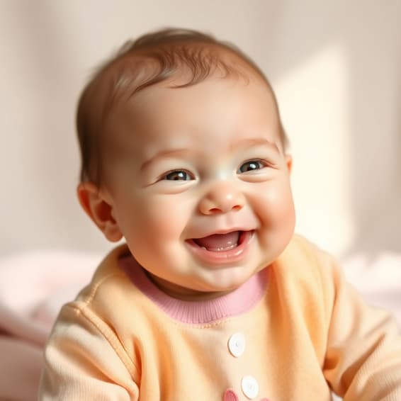 Bebê sorrindo com roupa clara e fundo suave.